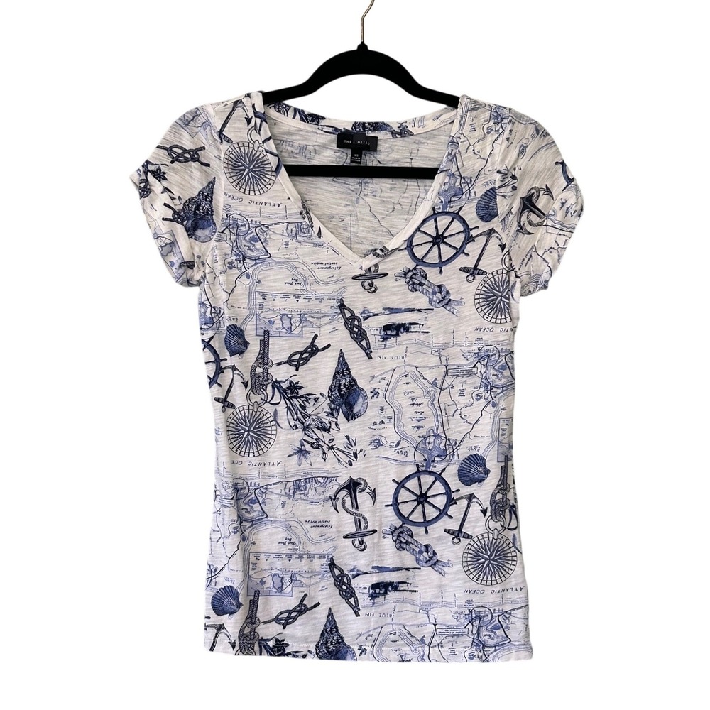 The Limited Blue Nautical Map V-Neck Tee Women XS Coastal Sailor